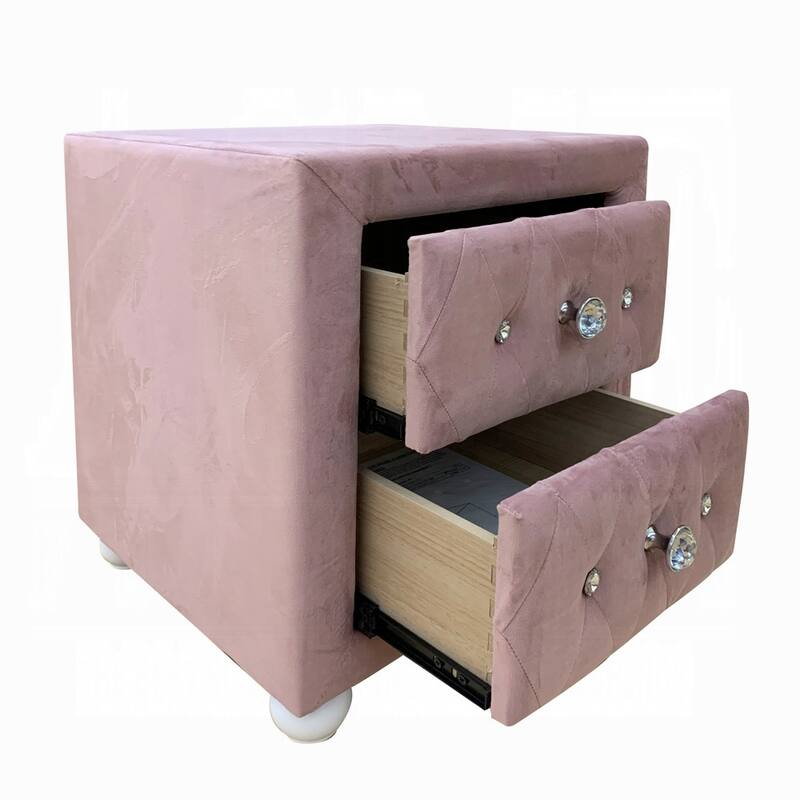 Pink Fabric Upholstered Nightstand with Crystal Knobs