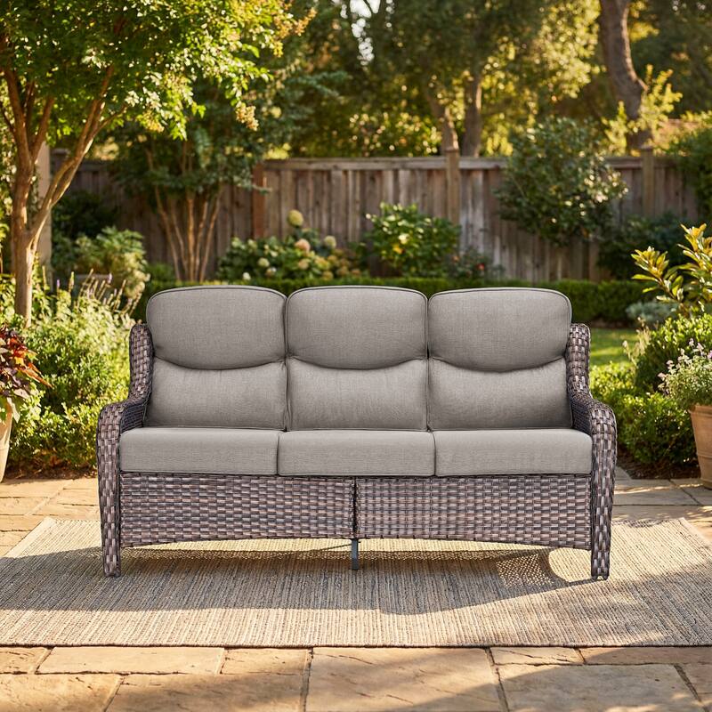 Pocassy Outdoor Wicker 3 Seat Sofa with 5 In Thick Cushion Patio Sofa - Brown Wicker Gray Cushion