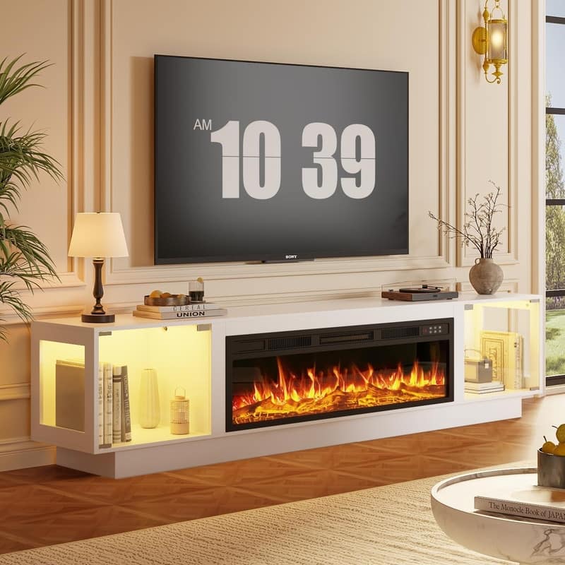 BOSSIN 80" Fireplace TV Stand with Adjustable LED Lights, Modern Entertainment Center with Glass Door Storage Cabinet, Black - white