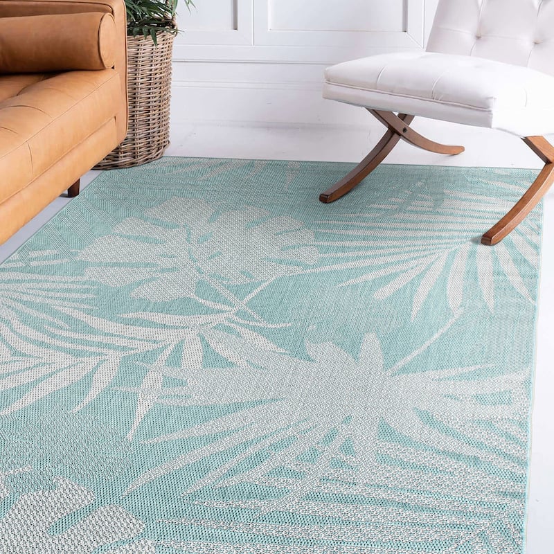 Contemporary Tropical Leaves Indoor/Outdoor Flatweave Waterproof Backyard Patio Area Rug