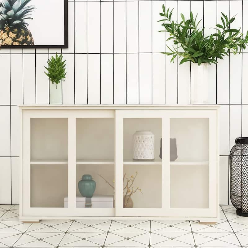 Sideboard Buffet Cabinet, Cupboard Storage Table with Shelf & Glass Sliding Doors, Wood Bar Cabinet - 41.93“W