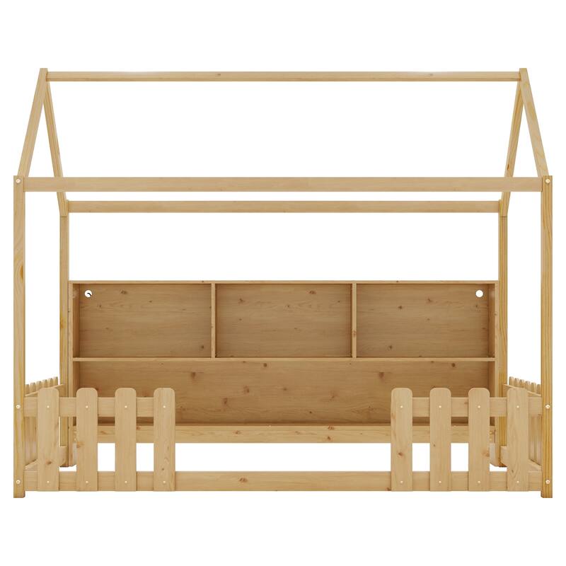 Twin Size House Bed with LED Light, Wood House Bed with Storage Bookshelf, Floor House Bed with Guardrails for Kid
