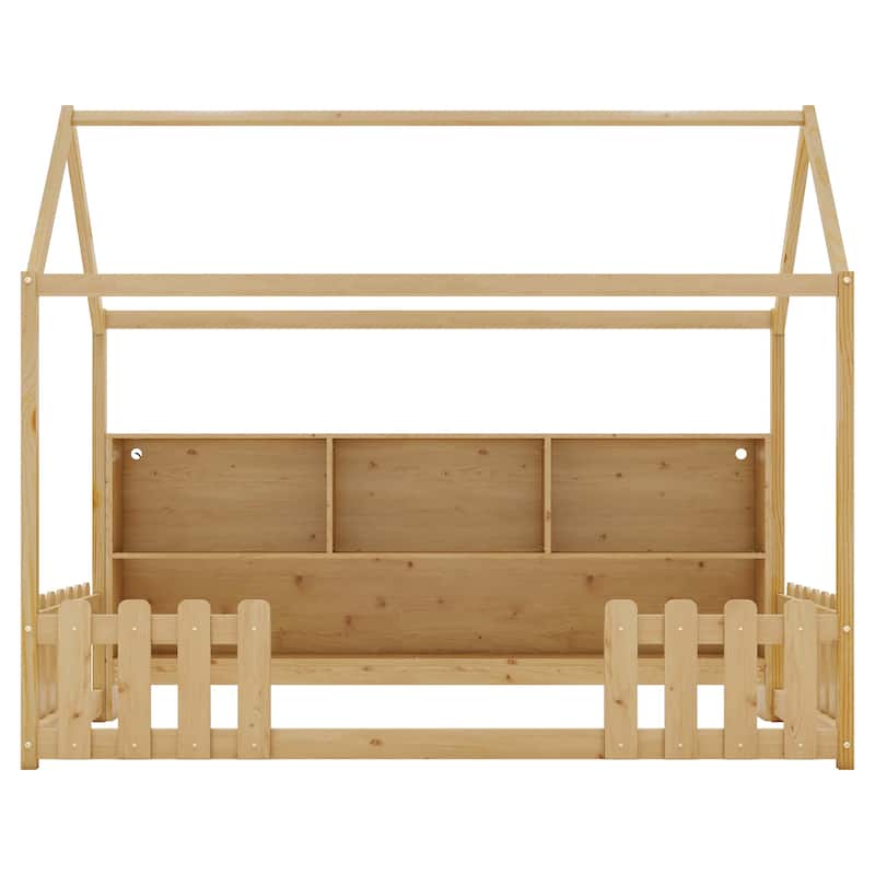 Twin Size House-shaped Bed Frame with Storage Bookshelf Built-in Lighting Strip for Kids Toddler Floor Bed with Wooden Fences