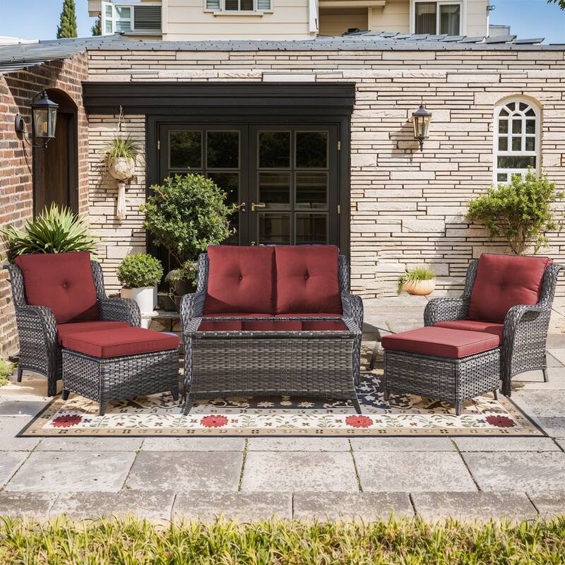 Pocassy 6 Pieces Outdoor 2-Seat Sofa Chairs Table Ottoman - Gray Wicker - Gray cushion