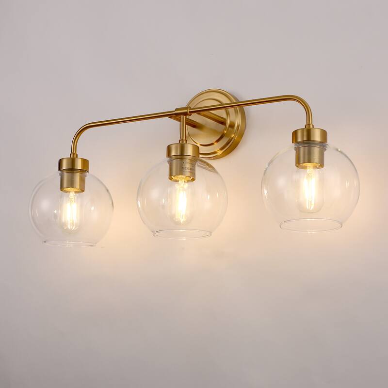 YANSUN Gold 3-Light Vanity Light, E26 Bathroom Wall Light Fixture with Glass Shades for Makeup Room, Dressing Room, and Restroom - 24*7*10.8 - Gold