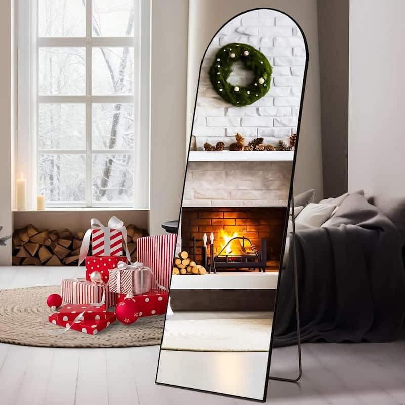 Arched Mirror Full Length, 16"x59" Body Wall Mirrors, Floor Standing,Tall Arch Mirror with Stand Aluminum Alloy Frame - Black-arched