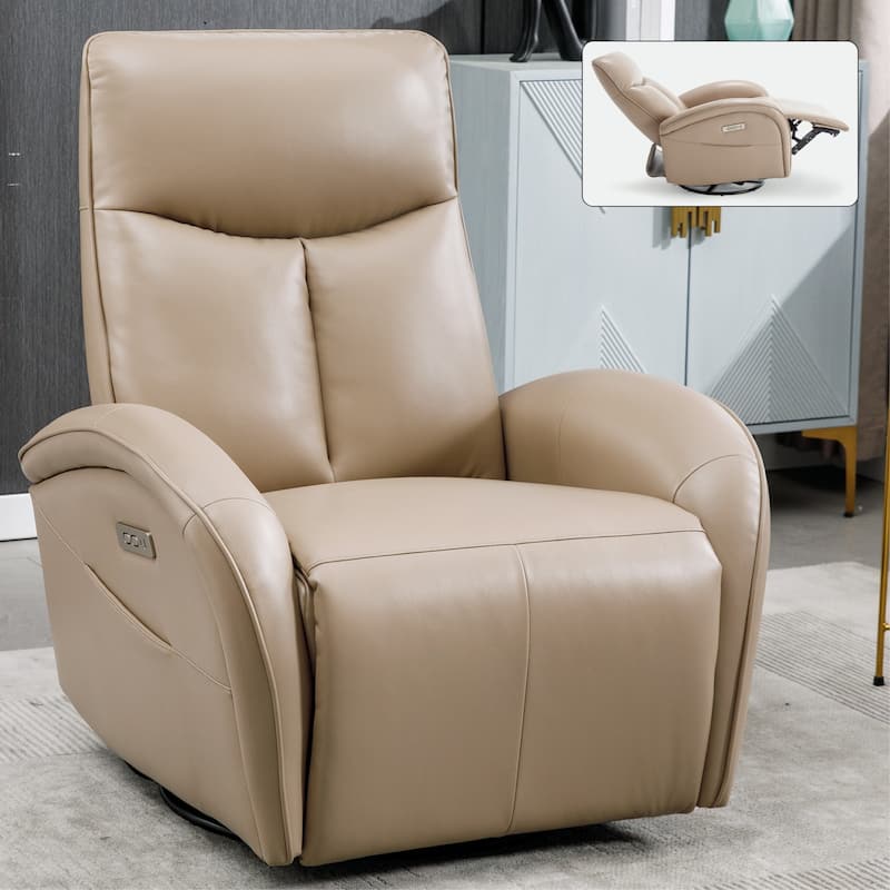 Genuine Leather Power Recliner Chair, 270° Swivel Rocker, USB, Type-C