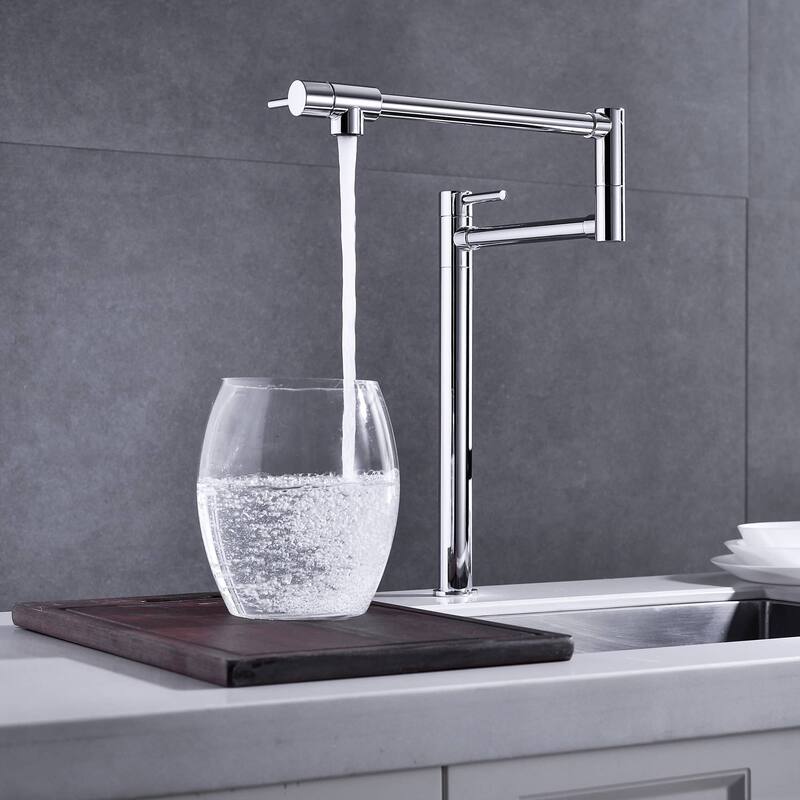 Kitchen Pot Filler Faucet Deck Mounted Double Joints Free Rotating Modern Countertop Retractable Commercial Single Hole Tap - Chrome