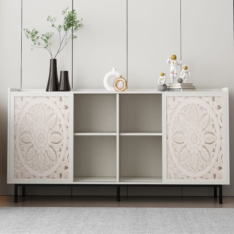 Sideboard Buffet Cabinet with Hollow-Carved Door, Storage Cabinet with Shelves, Kitchen Pantry with Solid Wood Legs