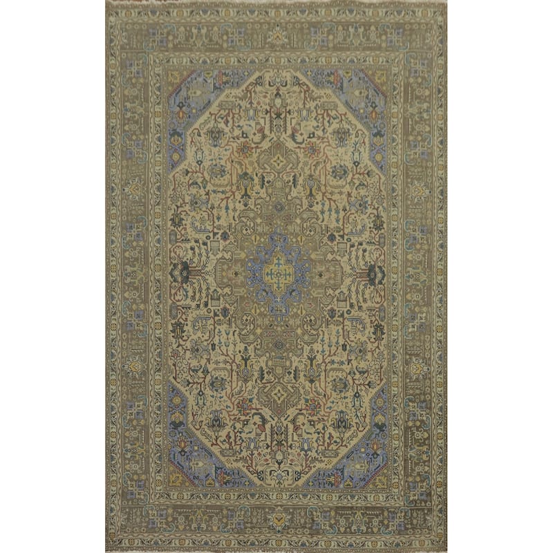 Hand Knotted Oriental 100% Wool Carpet Traditional Medallion Beige & Ivories Tabriz Area Rug - 9' 5'' X 6' 5''