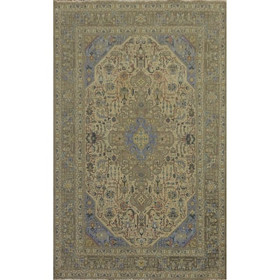 Hand Knotted Oriental 100% Wool Carpet Traditional Medallion Beige & Ivories Tabriz Area Rug - 9' 5'' X 6' 5''