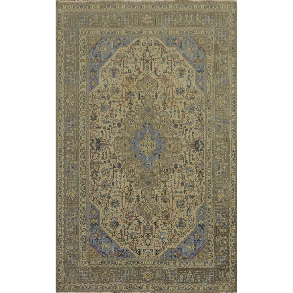 Hand Knotted Oriental 100% Wool Carpet Traditional Medallion Beige & Ivories Tabriz Area Rug - 9' 5'' X 6' 5''
