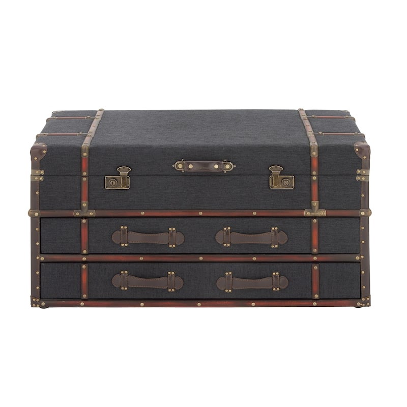 Linen Fabric Upholstered Trunk 2 Drawer Coffee Table with Buckle Hinged Top - Dark Blue or Brown - Roche River Decor - Dark Blue
