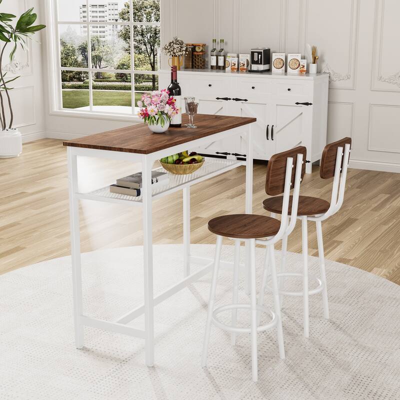 3 Piece Bar Table Set, Bar Table and Chairs Set of 2 with Metal Frame and Storage Rack