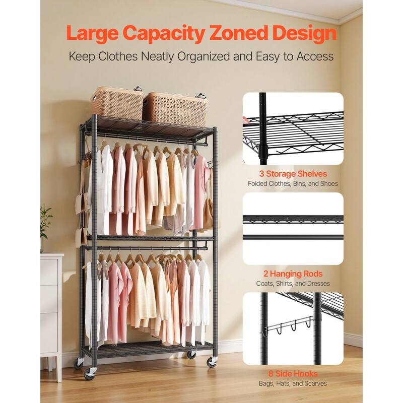 Black Clothes Organizer with 3 Adjustable Shelves and 2 Hanging Rods 8 Hooks for Home or Bedroom - 35.43 x 15.75 x 78.7 in