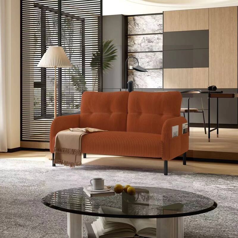 Corduroy Foam Upholstered Loveseat Couch Ergonomic Lounge Sofa with Side Pockets and Solid Wood Frame Soft 2 Seater Sofa
