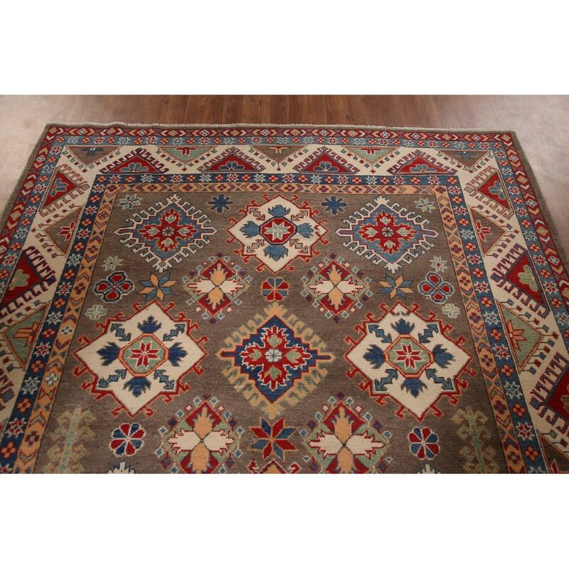 Geometric Brown Kazak Area Rug Handmade Wool Carpet - 6'7" x 9'10"