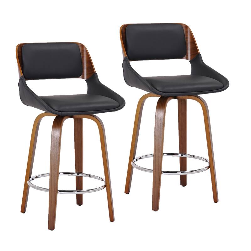 Mid-Century Faux Leather and Wood 26" Counter Stool with Swivel, Set of 2