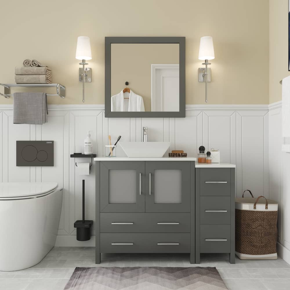 Vanity Art 42" Single Sink Bathroom Vanity Set with Engineered Marble Top and Free Mirror - 42 x 18.5 x 36 Inches