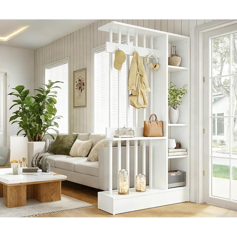 71" Wall Room Divider with Shelves & Coat Hooks