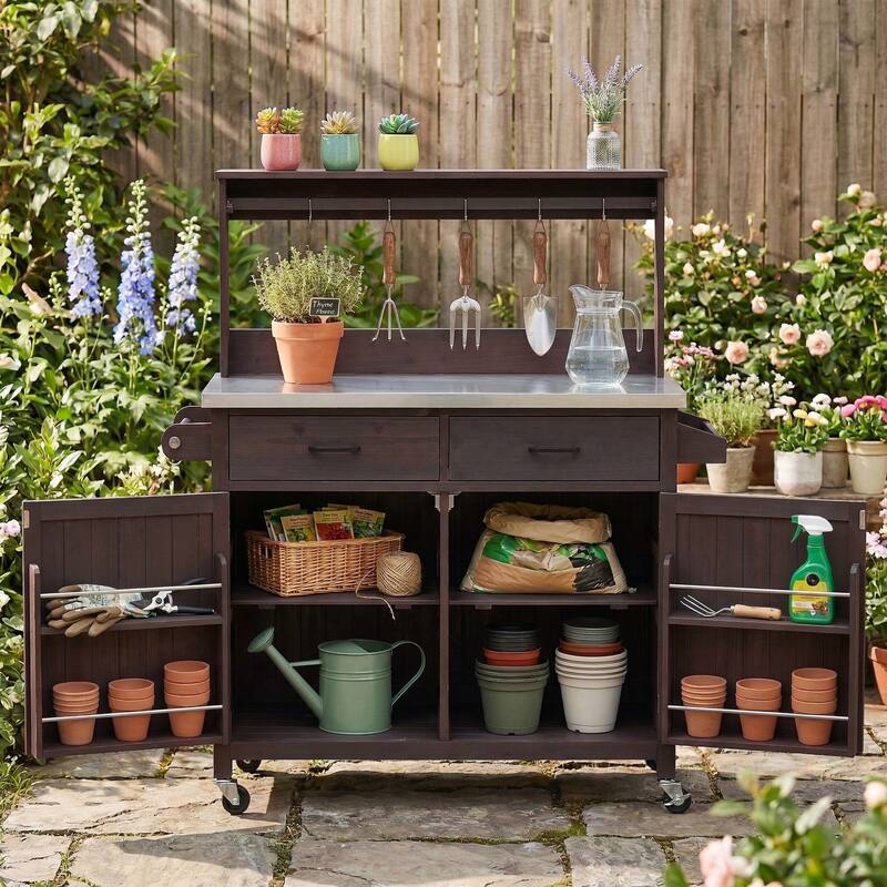 54 Inch Outdoor Kitchen Island with Stainless Steel Top Fir Wood Storage