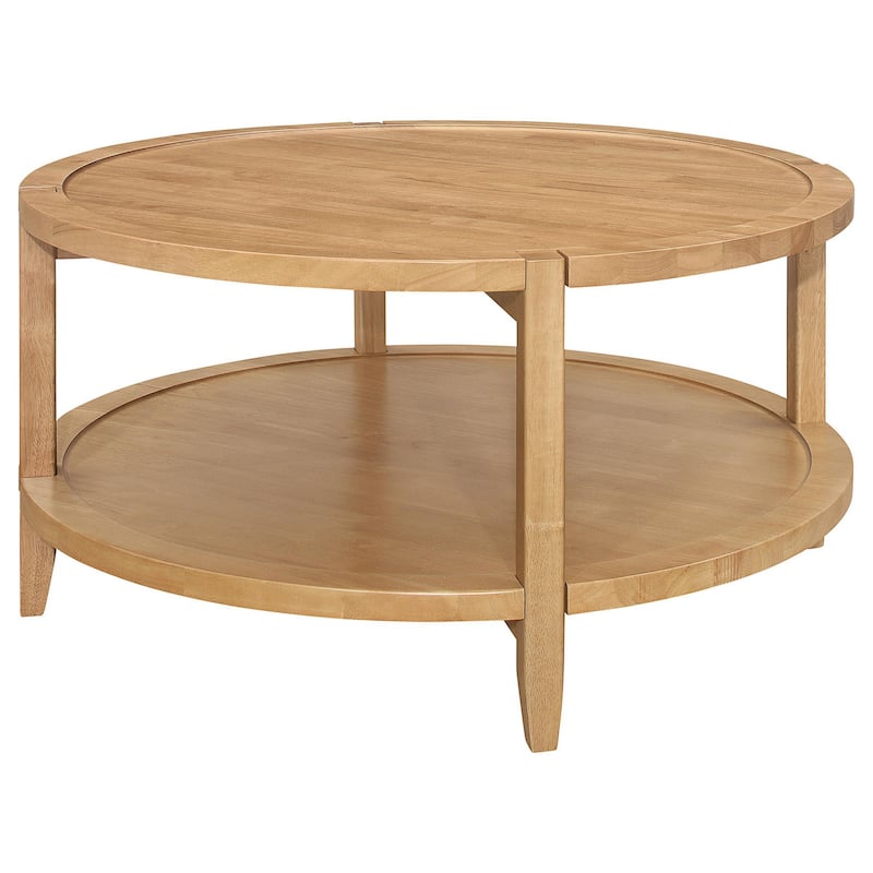 Camilia Coffee Table, 1 Shelf, Round Maple Brown Solid Wood, 36 Inch