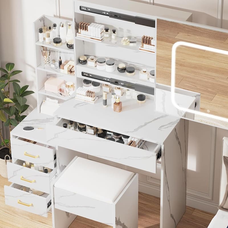 4 Drawers Dressing Table, Makeup Vanity Desk with 3 Color Adjustable Lights Mirror for Bedroom