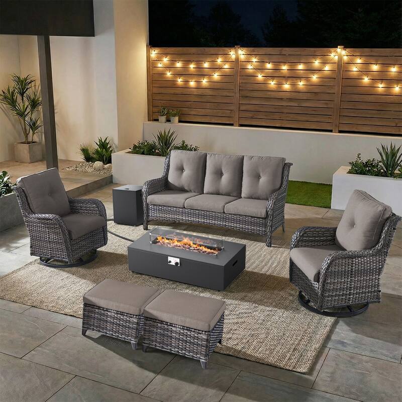 Pocassy Patio 5/7 Piece Sofa Swivel Chair Ottoman with Fire Pit Table - Gray Wicker Gray Cushion - 7-Piece Sofa Swivel Chair Ottoman with Fire Table