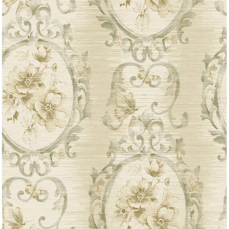 Seabrook Design Hera Floral Frame Unpasted Wallpaper - 20.5 in W x 33 ft. L - Metallic Cream & Moss