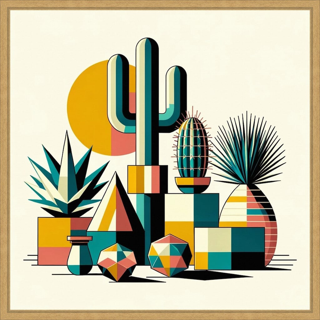 Succulents in Cubist Vases by David Galan Framed Canvas Wall Art Print - Sylvie Bright Gold