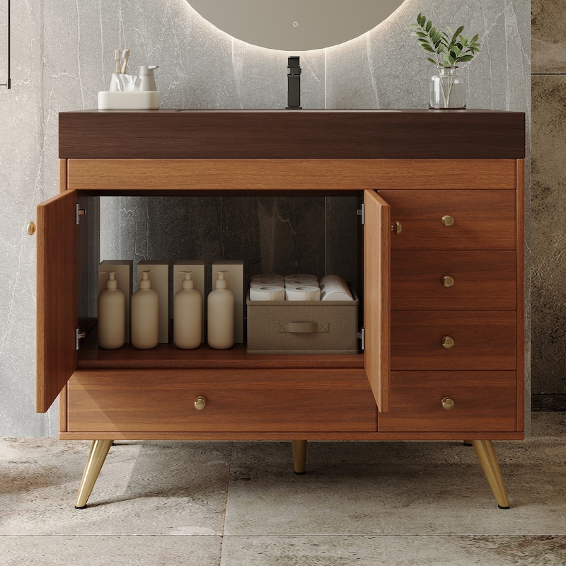 36" Bathroom Vanity with Faux Marble Top & Ceramic Sink, 5-Drawer Storage Cabinet with Stainless Steel Legs