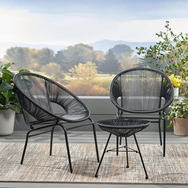 Roomfitters 3 Piece Outdoor Rattan Patio Seating Group with Iron Frame, Modern Black Finish