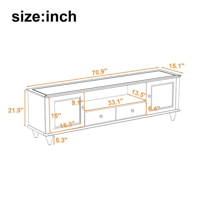 Modern TV Stand for TVs up to 80 Inches, Entertainment Center with Open Compartment, 2 Drawers, 2 Cabinets and 5 Solid Legs