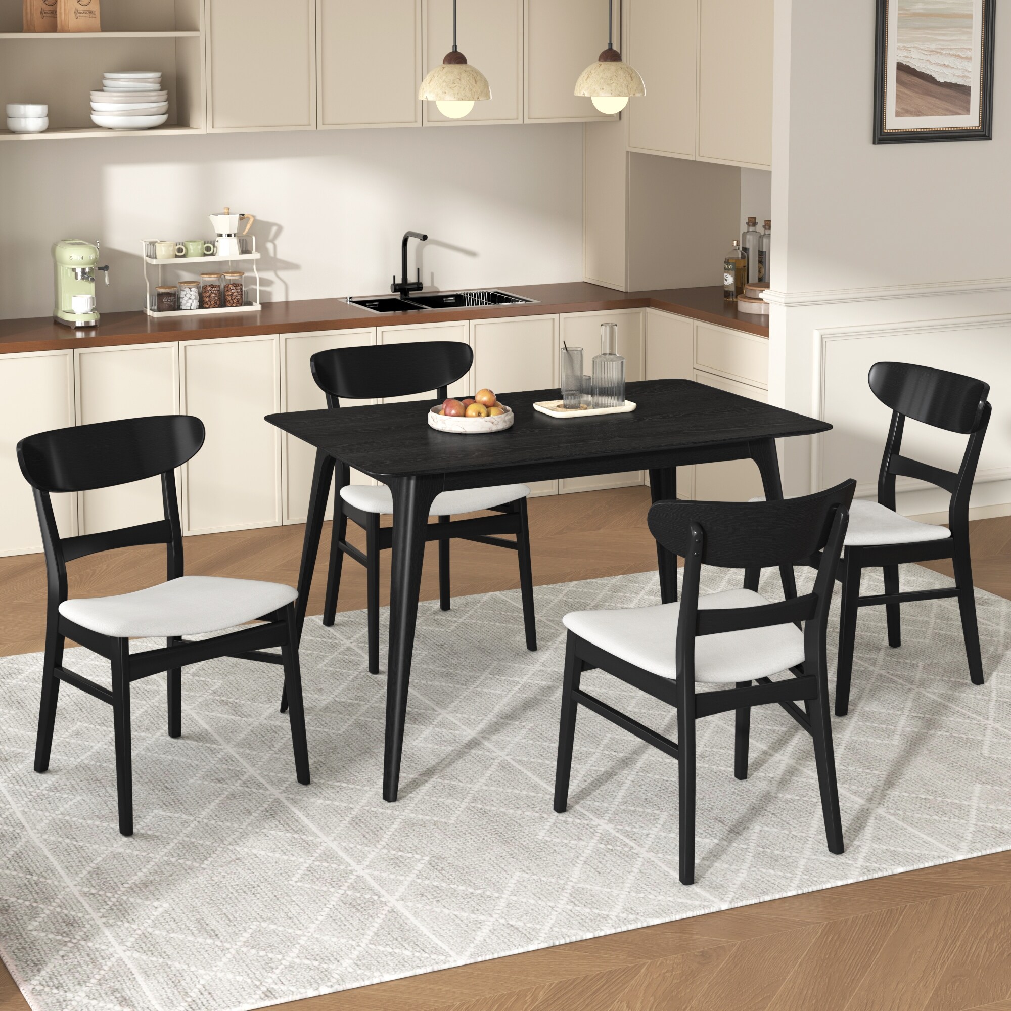 Mid-Century Modern 5-Piece Dining Set With Rubberwood Frame Table And 4 Upholstered Chairs
