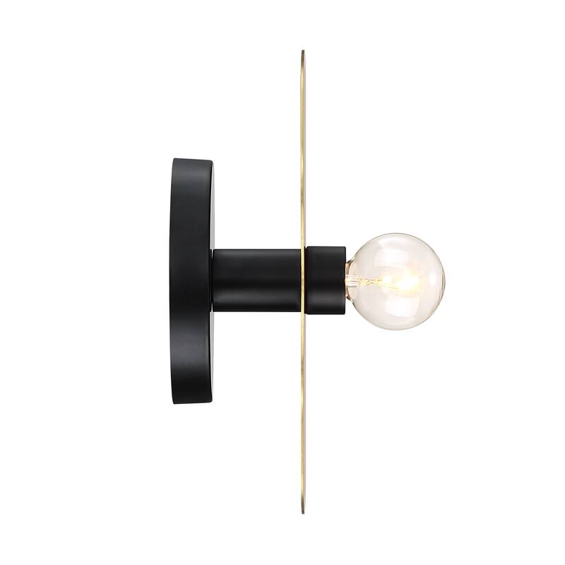 Harmoni 9 in. 1-Light Matte Black Wall Sconce Light with Brushed Gold Disk Accent for Bathrooms