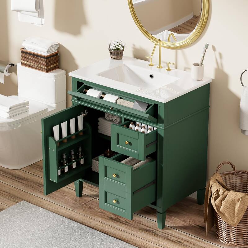 Single Sink Vanity for Bathroom Storage Cabinet with Tip-out Drawer, Small Drawer, Large Drawer, Door Rack and Adjustable Shelf