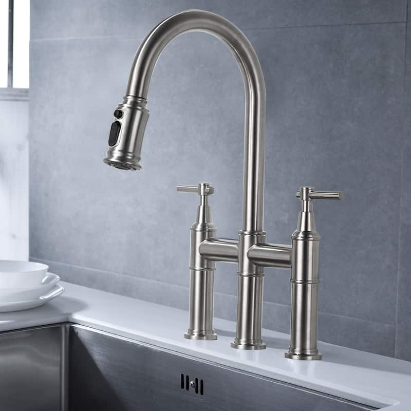 Chrome Bridge Kitchen Faucet with Pull-Down Sprayhead - 17.32 inch - Brushed Nickel
