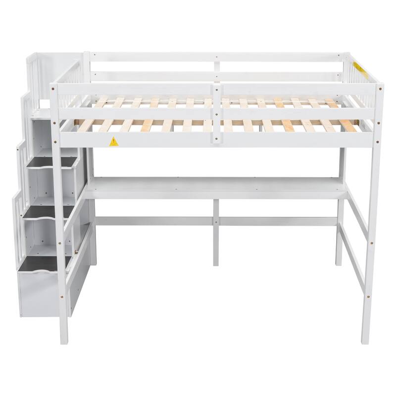 Full Size Loft Bed with Display Stand Desk Underneath, Wood High Loft Bed Frame with Storage Staircase and Storage Shelves
