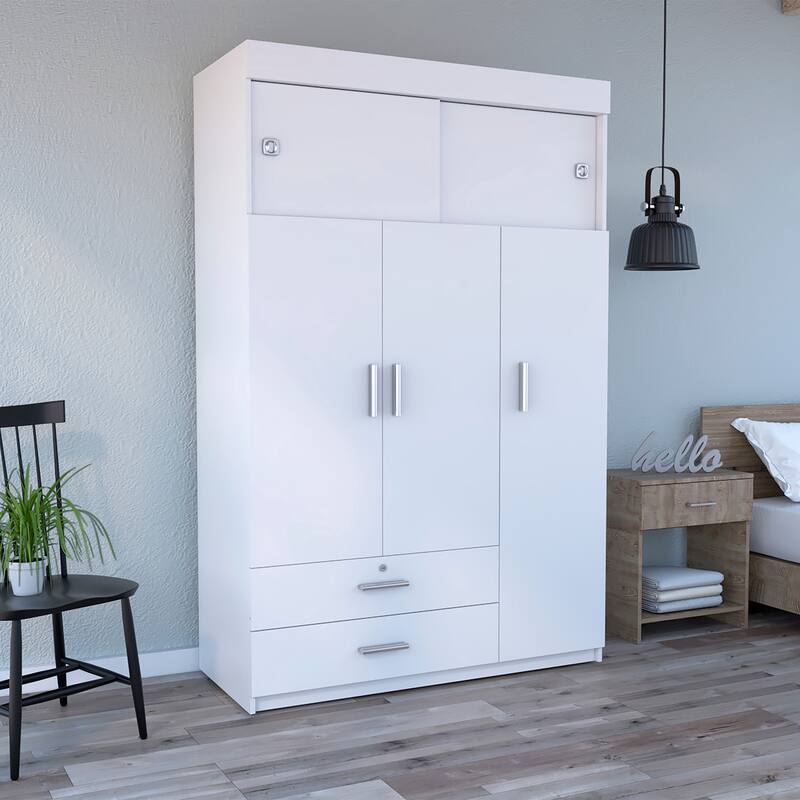 47.2" Modern Three-door Armoire with Hanging Rods, Two Drawers and Two Superior Adjustable Shelves - White