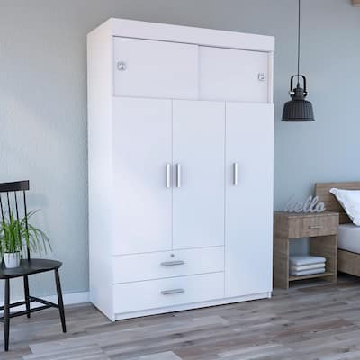 47.2" Modern Three-door Armoire with Hanging Rods, Two Drawers and Two Superior Adjustable Shelves