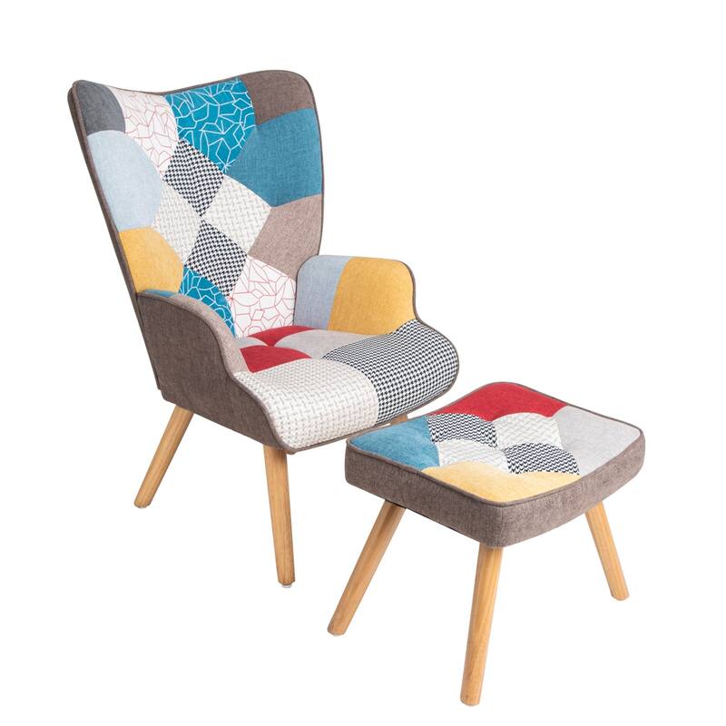 Accent Chair with Ottoman, Comfy Side Armchair for Bedroom, Creative Splicing Cloth Surface