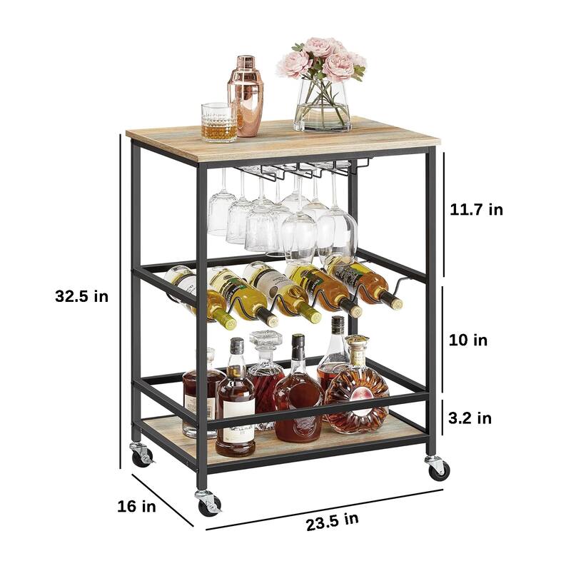 Industrial Bar Serving Cart with Casters, Glass Holders, Wine Holders