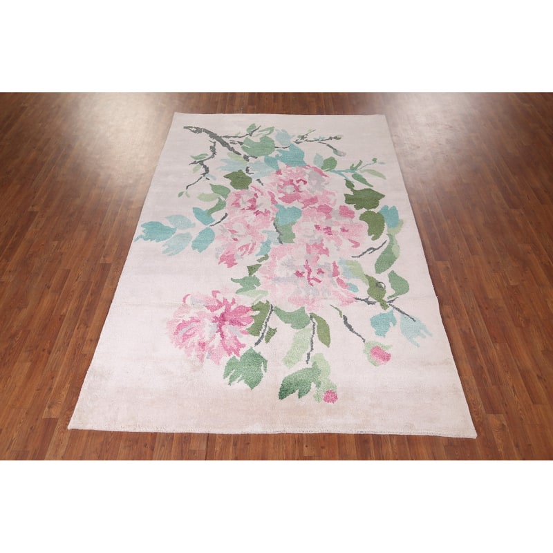 Handmade Abstract Indian Area Rug Beige Oriental Wool & Silk Carpet - 6'7"x 9'9"