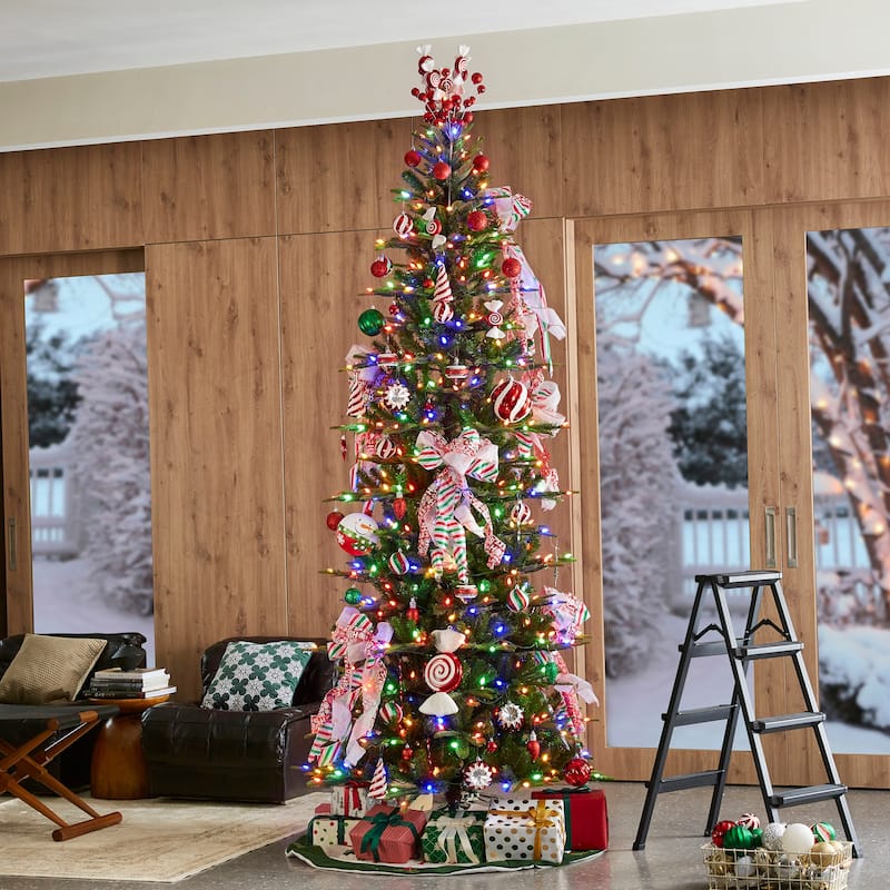 Glitzhome 7.5ft/9ft Pre-Lit Evergreen Slim Fir Artificial Christmas Tree With Strawberry Lights