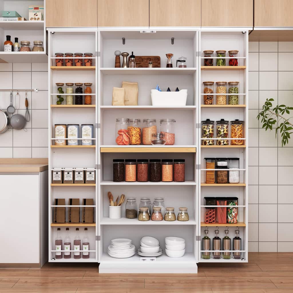 Freestanding Kitchen Pantry Cabinet with Adjustable Shelves, Food Storage Cupboard with 10 Door Shelves, Pull Out Organizers