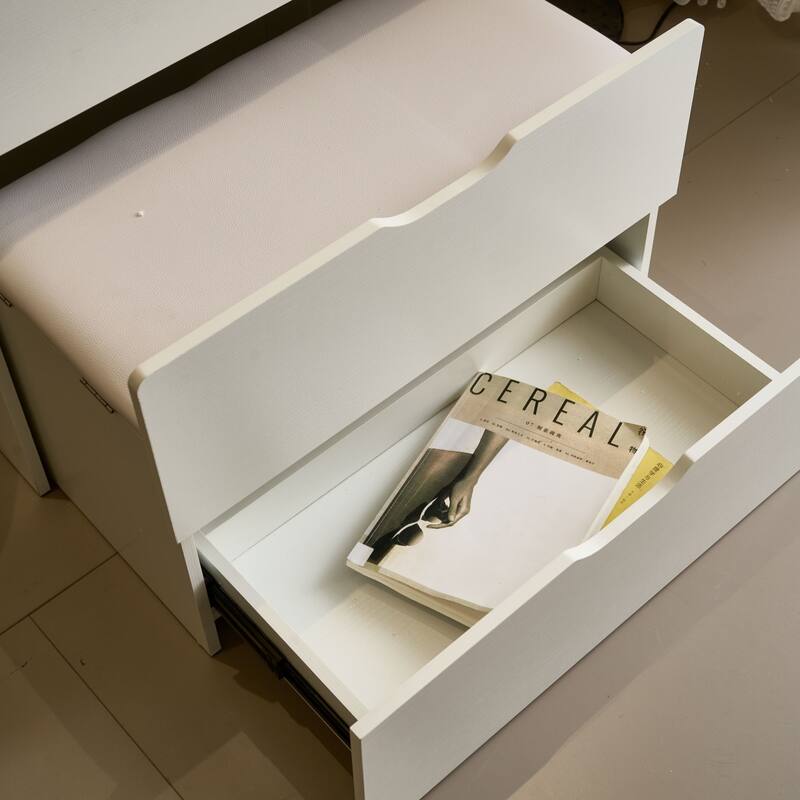 3-In-1 Vanity Desk with Visible Glass Tabletop, 3 Drawers, Storage Bench and 3-Color Lighting Mirror