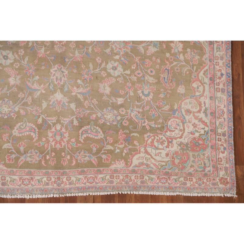 Hand Knotted Oriental 100% Wool Carpet Traditional Floral Green Mashad Area Rug - 9' 7'' X 6' 0''