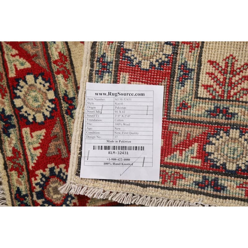 Geometric Kazak Oriental Rug Handmade Traditional Beige Wool Carpet - 2'0" x 3'0"