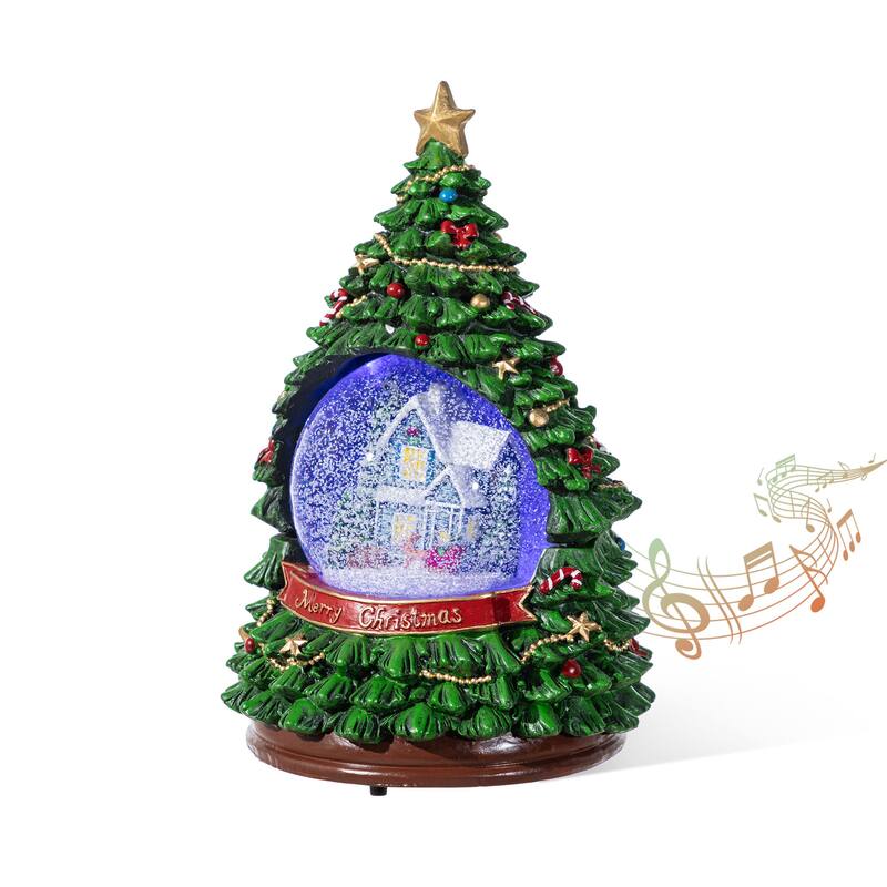 Glitzhome 100mm Christmas Resin Lighted Musical Snowflakes Christmas Tree Waterglobe