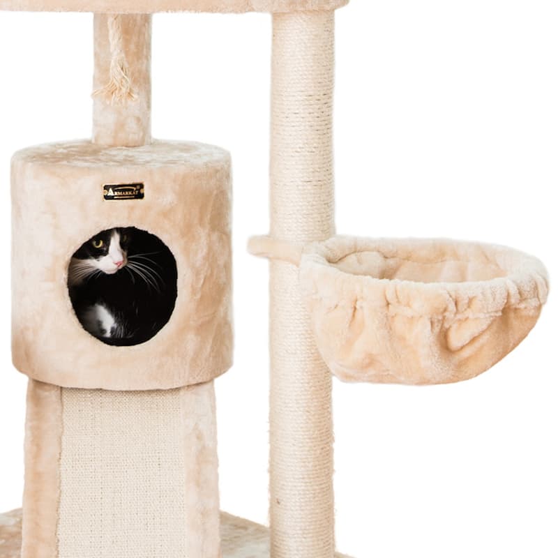 Thick Wood Cat Tower With Basket Lounge, Ramp, Beige